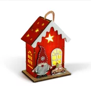   Karácsonyi LED-es dekoráció - házikó manóval - melegfehér LED, piros - 7,5 x 5 x 10 cm - 2 féle       BX59746