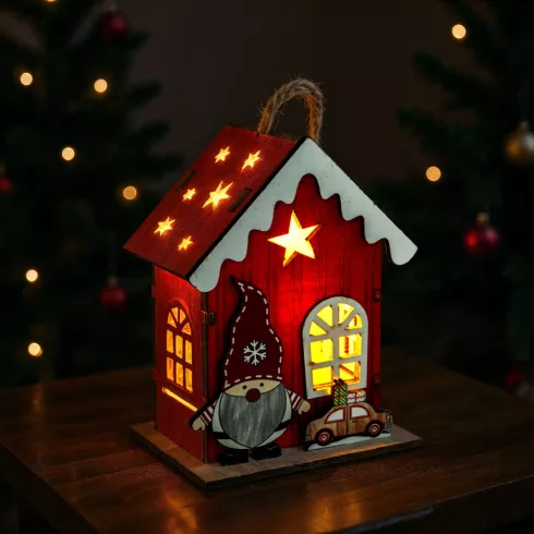 Karácsonyi LED-es dekoráció - házikó manóval - melegfehér LED, piros - 7,5 x 5 x 10 cm - 2 féle       BX59746