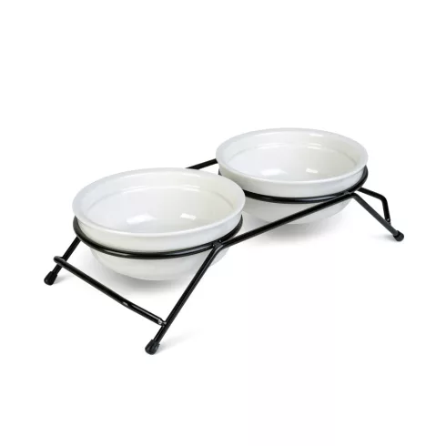 Emelt etetőállvány kerámia tálakkal - fehér tálak - 30 x 14 x 7,5 cm                                  BX60058