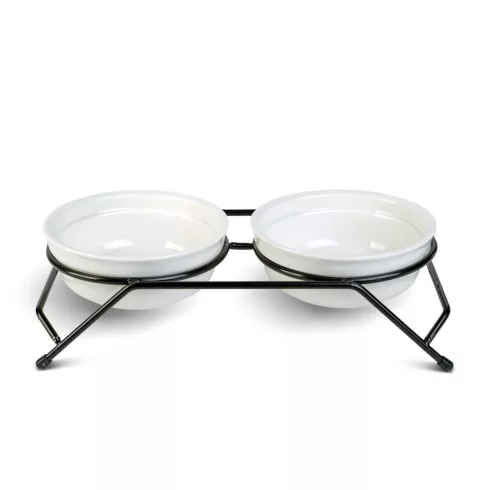 Emelt etetőállvány kerámia tálakkal - fehér tálak - 30 x 14 x 7,5 cm                                  BX60058