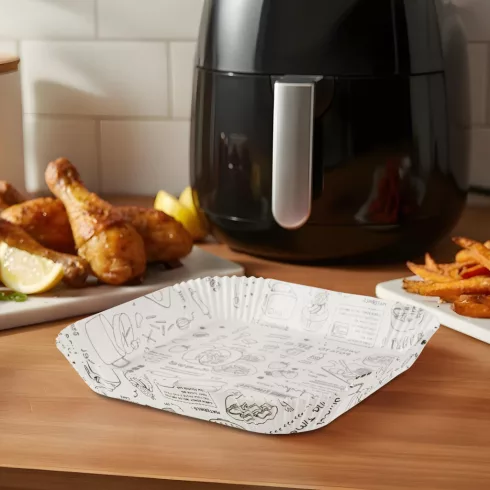 Air fryer sütőpapír - olaj nélküli sütőhöz - mintás, négyzet - 20 cm - 50 db / csomag                 BXBW1031A