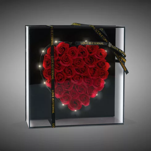 Műrózsák szívalakban díszdobozban - LED-es - 29 x 29 x 6,2 cm                                         BXDA01202