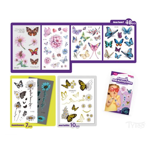 Pillangók és virágok tetoválás matrica szett - 65 db / csomag                                         BXTY50274