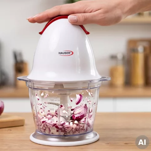 HAUSER aprító, 200W, 600ml műanyag edény, rozsdamentes acél kések, fehér, HSO                         C-11