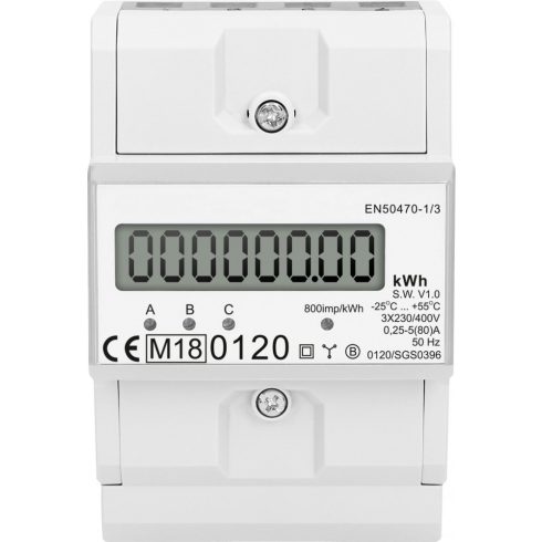 Digitális almérő DIN sínre, 3 fázisú, MID hitelesített, 3x45(100)A, 0-100A, 76 x 116,5 x 65 mm (4 mó  CA321516