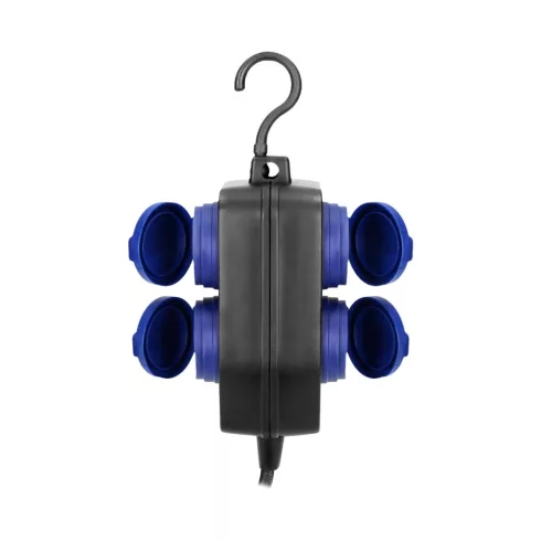 Csapfedeles 2x2 vízmentes gumi elosztó akasztóval, 5m, gumi, H05RR-F, 3x1,5mm2, IP44, 16A, 250V, 368  CA321548