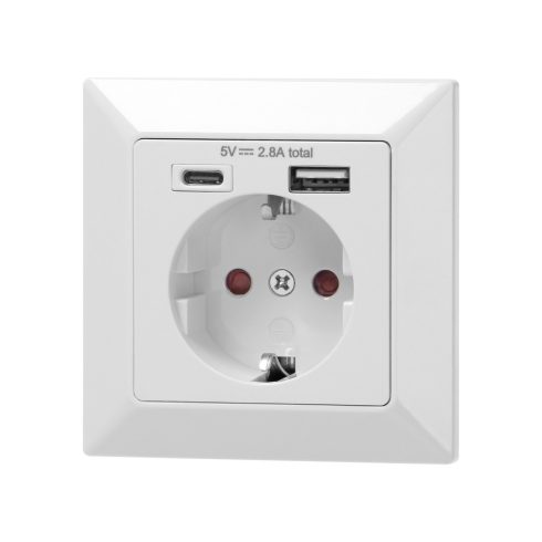 Földelt 1-es dugalj kerettel 2 USB A+C csatlakozóval 5VDC / 2,8A, fehér                               CA321604