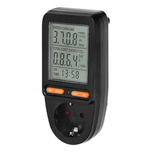 Energia fogyasztásmérő nagy LCD kijelzővel, 16A, 230V, 3680W, beépített 40mAh akkumulátor, IP20, fek  CA321649