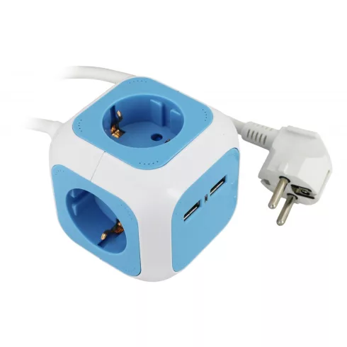 4 utas CUBE elosztó, 1,4m, 2 USB csatlakozóval, 16A/3500W, fehér/szürke                               CM234-161