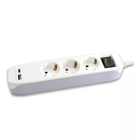 3 utas elosztó, 1,4m, kapcsolóval, USB A+C csatlakozóval, 16A/3680W, fehér-szürke                     CM234-405