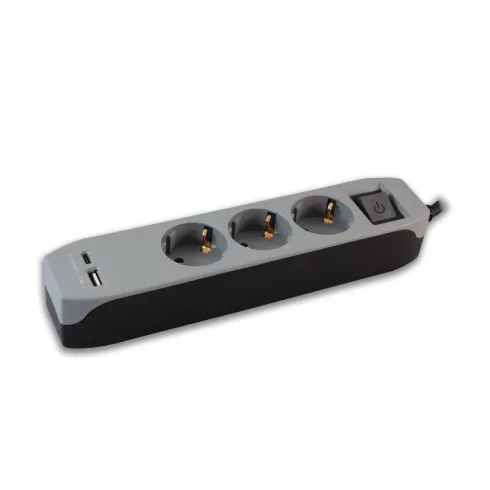 3 utas elosztó, 3m, kapcsolóval, USB A+C csatlakozóval, 16A/3680W, fekete-szürke                      CM234-416