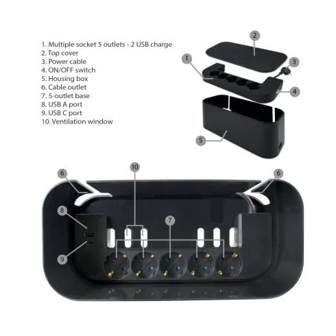 Kábelrendező aljzatokkal, 5 schuko + 2 USB (A+C), 1,5 m 3x1,5 mm2 vezetékkel, max.16 A / 3680 W, fek  CM234-502