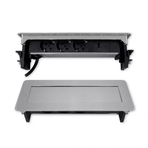 Rejtett/pop up 3 utas elosztó, 2m, 16A/3680W, + USB A+C, ezüst/fekete                                 CM235-101