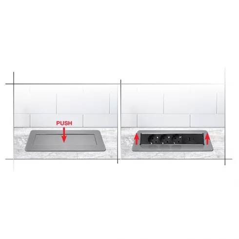 Rejtett/pop up 3 utas elosztó, 2m, 16A/3680W, + USB A+C, ezüst/fekete                                 CM235-101