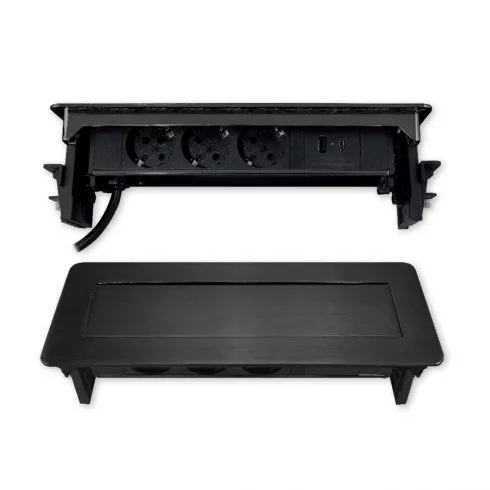 Rejtett/pop up 3 utas elosztó, 2m, 16A/3680W, + USB A+C, fekete                                       CM235-102