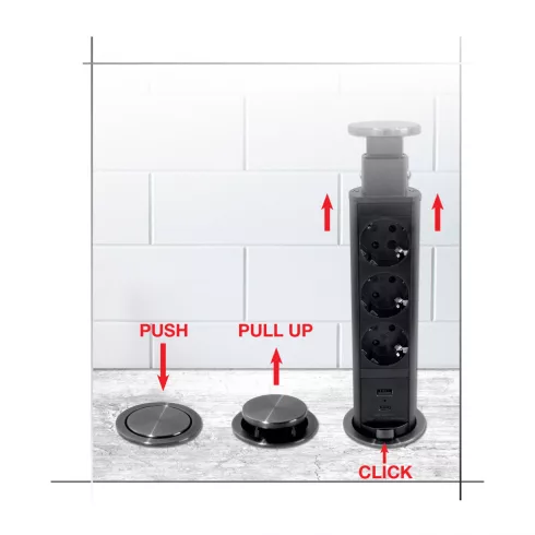 Rejtett/pop up 3 utas elosztó, 2m, 16A/3680W, + USB A+C, fekete                                       CM235-121