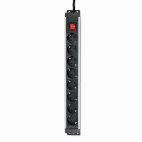 Elosztó, 19''PDU, 8 aljzat, kapcsolóval, 2m H05VV-F 3G1,5, alum./műanyag, szerver-hálózati szekrényb  CM236-101