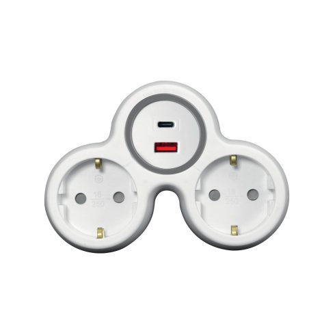 2 utas elosztó adapter, USB A + USB C töltővel, 2x16A, PD20W (gyorstöltés), fehér-szürke              CM240-802