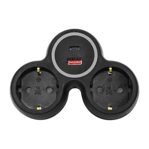 2 utas elosztó adapter, USB A + USB C töltővel, 2x16A, PD20W (gyorstöltés), fekete                    CM240-803