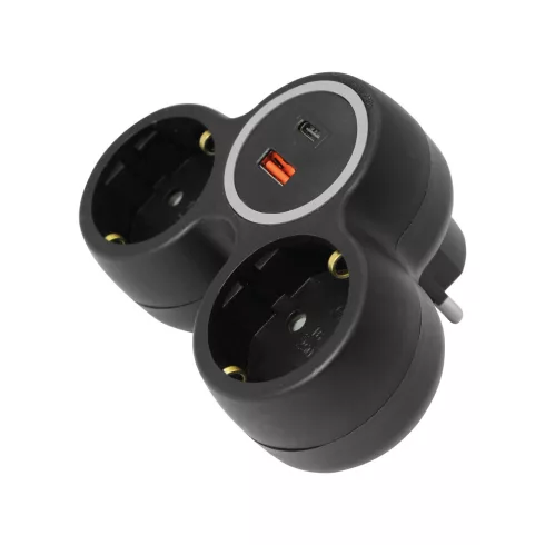 2 utas elosztó adapter, USB A + USB C töltővel, 2x16A, PD20W (gyorstöltés), fekete                    CM240-803