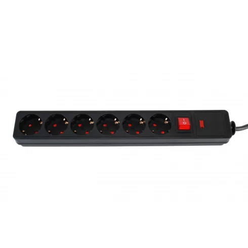 6 utas, kapcsolós elosztó, 1,5m, túlfeszültség védelemmel, 16A/3500W, 6 x 230 V, fekete               CM380-105