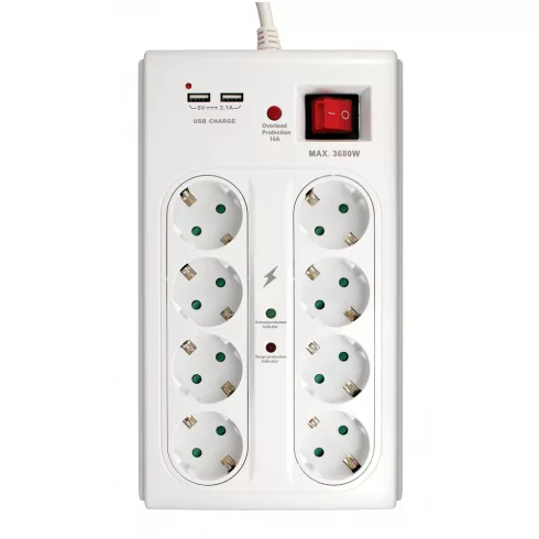 8 utas, kapcsolós elosztó, 3m, túlfeszültség és túlterhelés védelemmel, 2 USB csatlakozóval, 16A/350  CM380-107