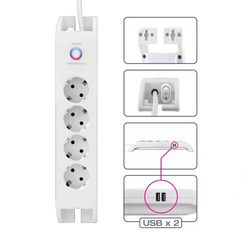 4 utas, kapcsolós elosztó, 2m, túlfeszültség védelemmel, 16A/3680W, 4x250 V + 2xUSB-A, fehér          CM380-108