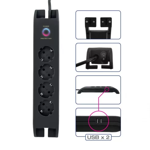 4 utas, kapcsolós elosztó, 2m, túlfeszültség védelemmel, 16A/3680W, 4x250 V + 2xUSB-A, fekete         CM380-109