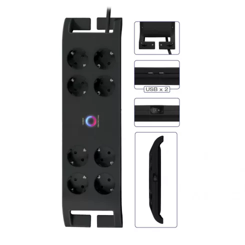 8 utas, kapcsolós elosztó, 2m, túlfeszültség védelemmel, 16A/3680W, 4x250 V + 2xUSB-A, fekete         CM380-110