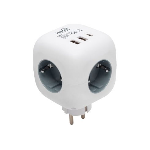 Kocka elosztó, kapcsoló, 3 aljzat 16A 250V~, 2xUSB-A, 1xUSB-C, HSO                                    CUBE1