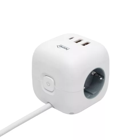 Kocka elosztó vezetékkel, 3 aljzat 16A 250V~, 1,5m 3G1,0 mm2 H05VV-F, kapcsoló, 2xUSB-A, 1xUSB-C, HS  CUBE2