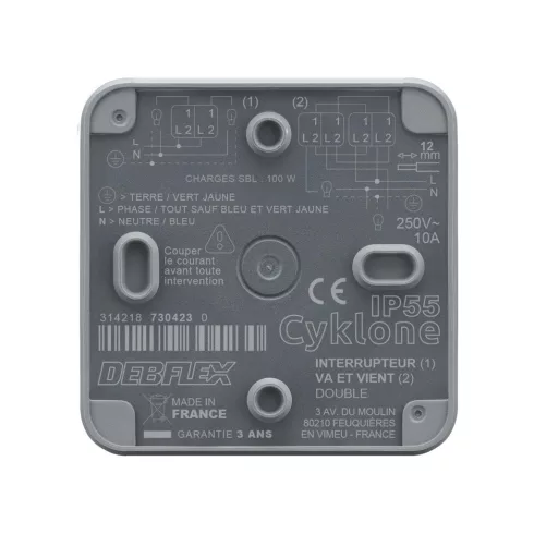 CYKLONE fali dupla kapcsoló, két irányú, 10 Ax, IP55, szürke                                          D730423