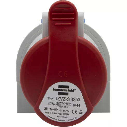 Kombinált fali aljzat CEE 400V/32A + F típusú védőérintkező, IP44                                     E1080210786