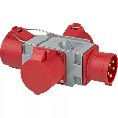 CEE keresztelosztó, IP44, CEE dugó 400V/32A, 3 x CEE aljzat  400V/32A, csapfedeles                    E1081670