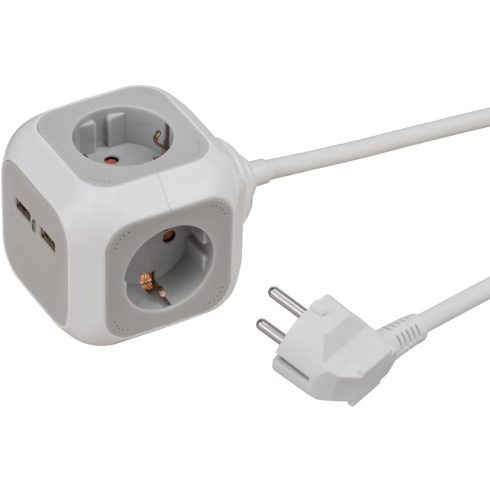 ALEA-Power kocka elosztó, 3 aljzat + 2x USB A (töltő), 1,4m H05VV-F 3G1,5, fehér/szürke               E1150100