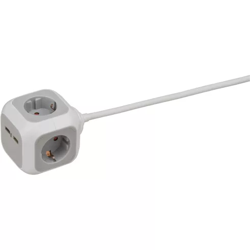 ALEA-Power kocka elosztó, 3 aljzat + 2x USB A (töltő), 1,4m H05VV-F 3G1,5, fehér/szürke               E1150100