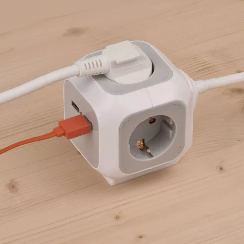 ALEA-Power kocka elosztó, 3 aljzat + 2x USB A (töltő), 1,4m H05VV-F 3G1,5, fehér/szürke               E1150100
