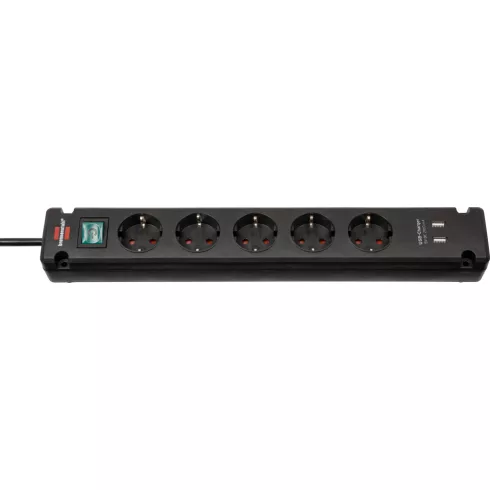 Bremounta elosztó, 5 aljzat + 2x USB A (töltő), kapcsolóval, 3m H05VV-F 3G1.5, fekete                 E1150660315