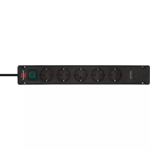 Bremounta elosztó, 5 aljzat + 2x USB C (töltő), kapcsolóval, 3m H05VV-F3G1.5, fekete                  E1150660415