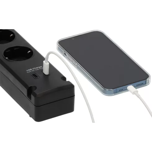 Bremounta elosztó, 5 aljzat + 2x USB C (töltő), kapcsolóval, 3m H05VV-F3G1.5, fekete                  E1150660415