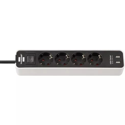 Ecolor elosztó, 4 aljzat + 2x USB A (töltő), kapcsolóval, 1,5m H05VV-F 3G1.5, fehér/fekete            E1153240026
