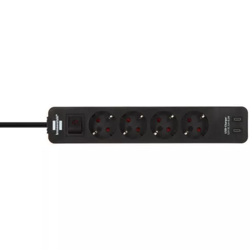 Ecolor elosztó, 4 aljzat + 2x USB C (töltő), kapcsolóval, 1,5m H05VV-F3G1.5, fehér/fekete             E1153240126