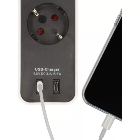 Ecolor elosztó, 4 aljzat + 2x USB C (töltő), kapcsolóval, 1,5m H05VV-F3G1.5, fehér/fekete             E1153240126