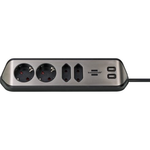 estilo sarokelosztó, 4 aljzat (2 x földelt, 2 x euro), USB töltő funkcióval,  2m H05VV-F 3G1.5, ezüs  E1153590410