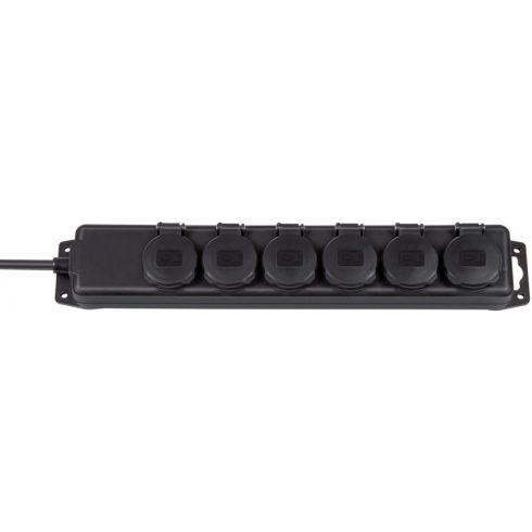 Kültéri elosztó, 6 aljzat, IP44, 2m H07RN-F 3G1,5, fekete, csapfedéllel                               E1159970