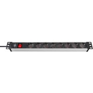  Alu-Line 19'' elosztó, 8 aljzat, kapcsolóval, kapcsolószekrényekhez, 2m H05VV-F 3G1,5, ezüst/fekete   E1390007018