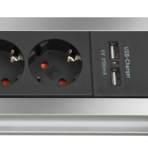 Premium-Alu-Line elosztó, 6 aljzat + 2x USB A (töltő), kapcsolóval, 3m H05VV-F 3G1,5, ezüst/fekete    E1391000516