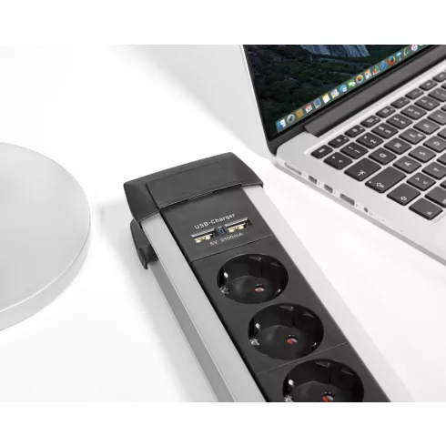 Premium-Alu-Line elosztó, 6 aljzat + 2x USB A (töltő), kapcsolóval, 3m H05VV-F 3G1,5, ezüst/fekete    E1391000516