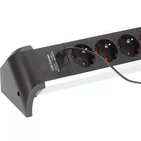 Alu-Office-Line elosztó, 4 aljzat + 1x USB PD + 1 x USB A, kapcsolóval, 1,8m H05VV-F3G1.5, fekete/ez  E1391040420