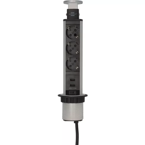 Tower Power rejtett elosztó, 3 aljzat + 2x USB A (töltő), 2m H05VV-F 3G1,5, ezüst/fekete              E1396200013